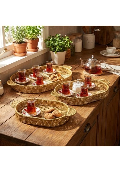 İç İçe Geçebilen 3 Lü Oval Plastik Rattan Tepsi Seti-hasır Görünümlü Çok Amaçlı Servis Ve Sunum Tepsileri Bx40 Çok Renkli