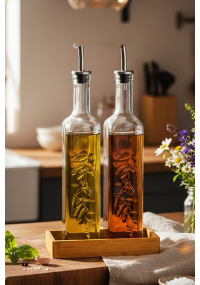 Lara - 2'li Bambu Standlı Cam Zeytinyağı Sıvıyağ Şişesi Yağdanlık Damlatmaz Yağlık Sirkelik 500ml