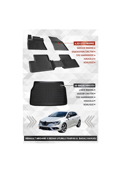 Sahler Renault Megane 4 Sedan 2016+ Uyumlu 4.5d Premium Havuzlu Oto Paspas Ve Liner Marka 3d Kulaklı Bagaj Havuzu