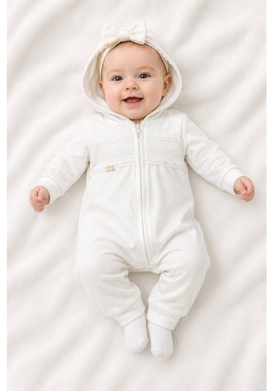 Babyhola Kız Bebek Işıltılı Kumaş Detaylı Kapüşonlu Tulum 14002 Ekru