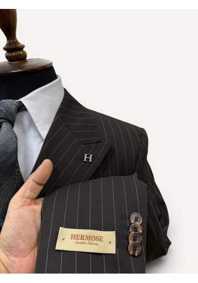 Hermose Sartorial Espresso Kahve Çizgili Kruvaze Takım Elbise Kahverengi