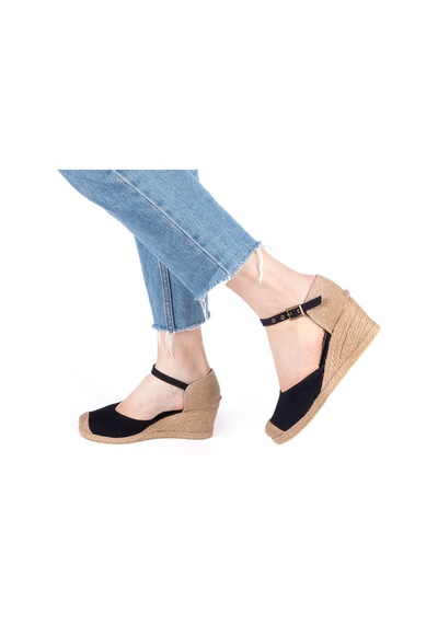 Star Tombis Gerçek Elişi Burnu Hasır Dolgu Topuk Siyah Keten Hasır Espadril Handmade Siyah