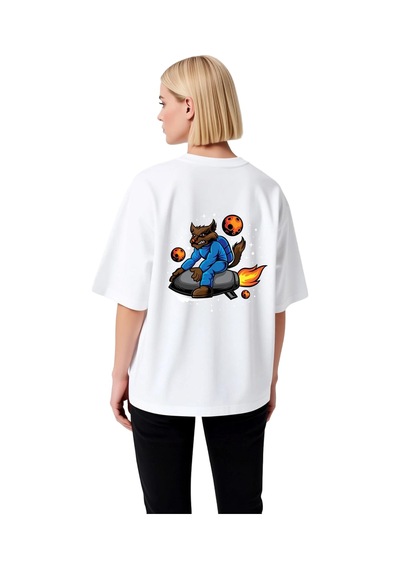Paybuy Mavi Takımlı Kedi Roket Sürücüsü Baskılı Kadın Oversize Tişört Beyaz
