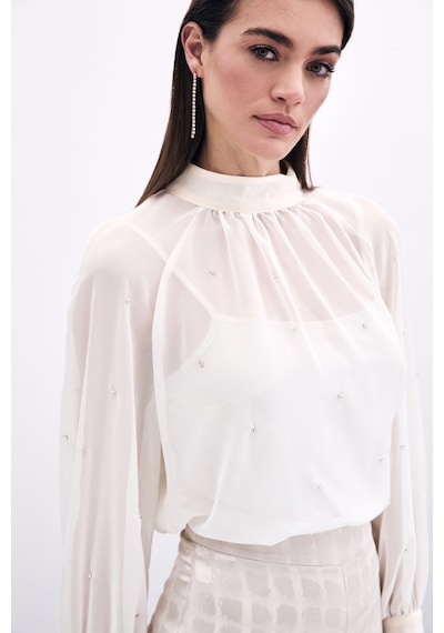 Sateen Taş Detaylı Transparan Bluz - Krem-135756 Krem