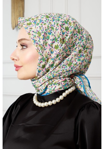 Sevitli Çiçek Desen Pamuklu Eşarp-yeşil-4417