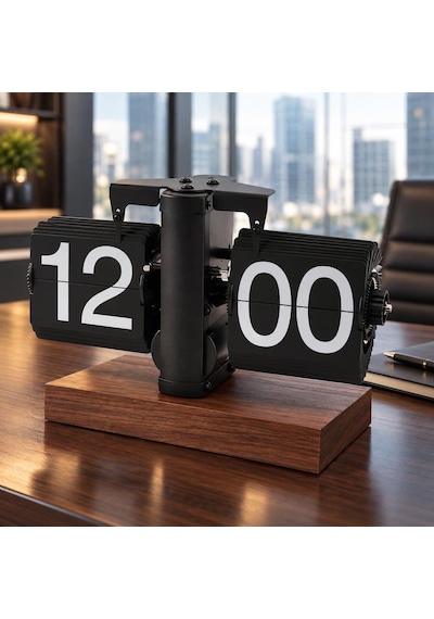 Retro Yapraklı Masa Saati Ahşap Tabanlı Sessiz Mekanizmalı Flip Clock Ev Ofis Kafe Dekoratif Saat Syh Siyah