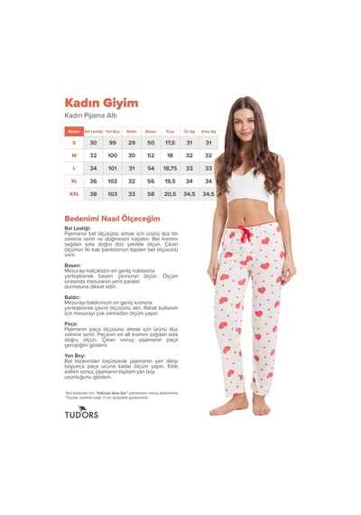 Tudors Kadın Regular Fit Klasik Kesim Viskon Beli Lastikli Fiyonk Detaylı Baskılı Beyaz Pijama Altı-51008