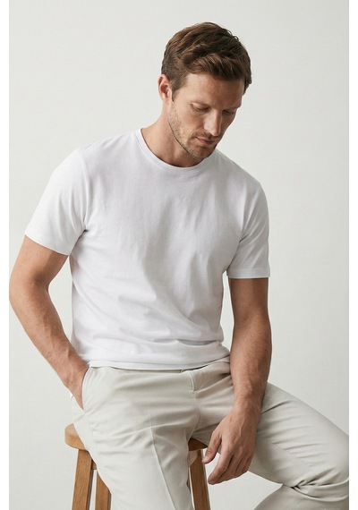Elemge Pamuk Likra Magic Fit Beyaz Erkek T-shirt Compact Penye Kısa Kol Esnek Tişört Elastan