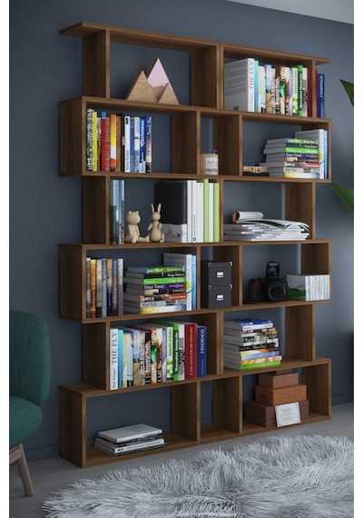 Dekorfim DF07103BR 6 Raflı Çift Modül Zigzag Kitaplık Çalışma Odası Ofis Kitaplık