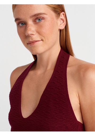 Dilvin 10799 Halter V Yaka Dokulu Triko Bluz-bordo Bordo