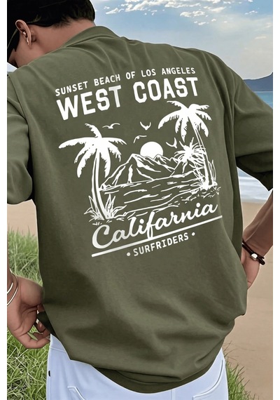 Genius Store Erkek Tişört Pamuklu Kumaş Sırt Baskılı Tişört Sokak Modası Rahat Kalıp T-shirt West-haki