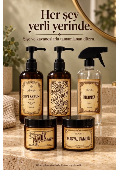 Alubrella 500 Ml Amber Pompalı Şişe, 2 Kapaklı Kavanoz Ve Şeffaf Sprey Şişe Etiketli Set