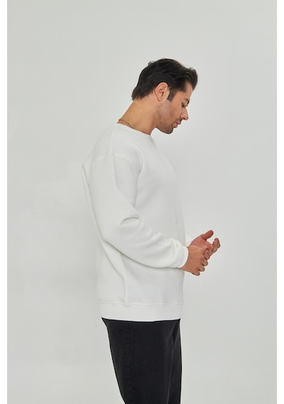 Pxm Dtf Digital Baskılı 3 Iplik Şardonlu Oversize Düz Desen Sweatshirt Beyaz Kırık Beyaz Kırık Beyaz