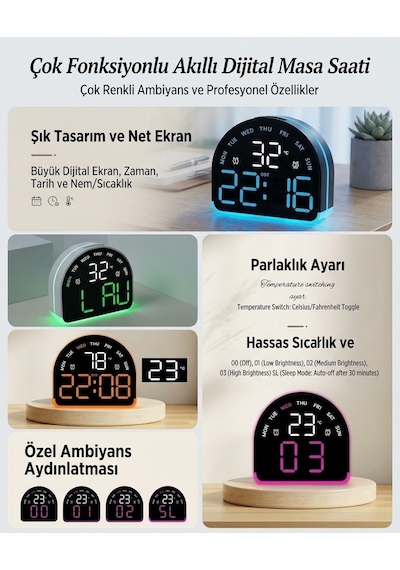 Led Dijital Alarm Saati Sıcaklık Tarih Gün Göstergeli Ortam Aydınlatmalı Çift Ekranlı Masa Saati Gece Lambası Usb Ve Pil Yeşil