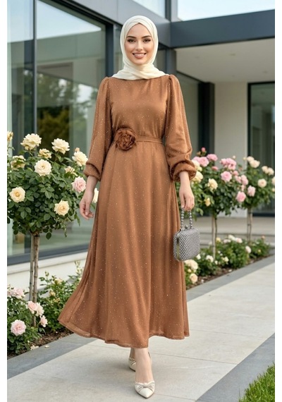 Hb Harma Time Butik Kadın İnci Detaylı Kuşaklı Taba Saten Elbise Taba Taba