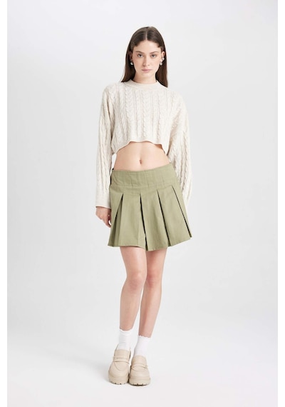 Defacto Coool Piliseli Normal Bel Basic Düz Gabardin Mini Etek D5265AX24AUKH461 Haki