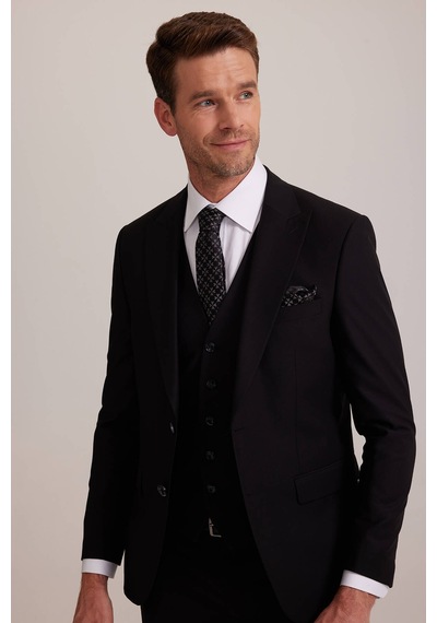 Erkek Siyah Slim Fit Yelekli Sivri Yaka Takım Elbise