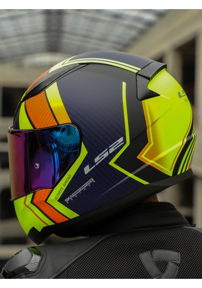 Rapid 2 Extra Race Full Face Motosiklet Kaskı Yarış Spoiler + Şeffaf + Gökkuşağı Vizörlü Mat Sarı - Mavi