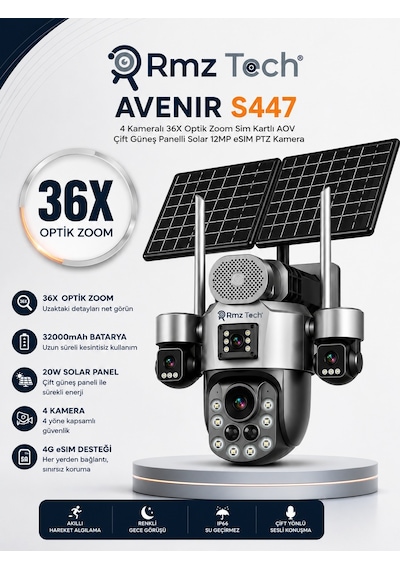 Avenir S447 12mp 4 Kameralı 36x Optik Zoom 4g Esım Sim Kartlı Çift Solar Panelli Ptz Güvenlik Kamera