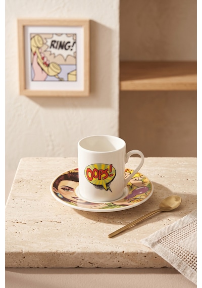 12 Parça 6 Kişilik Porselen Pop Art Kahve Fincan Takımı 100ml Beyaz
