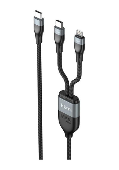 Duo Power 100w Çift Uçlu, Type-c To Lightning + Type-c Şarj Kablosu, Örgü Tasarım, 1.2 Metre, Siyah