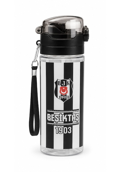 Beşiktaş Lisanslı Pipetli Plastik Matara - Kara Kartal Baskılı Kilitli Kapak Su Matarası 500 Ml Siyah - Beyaz