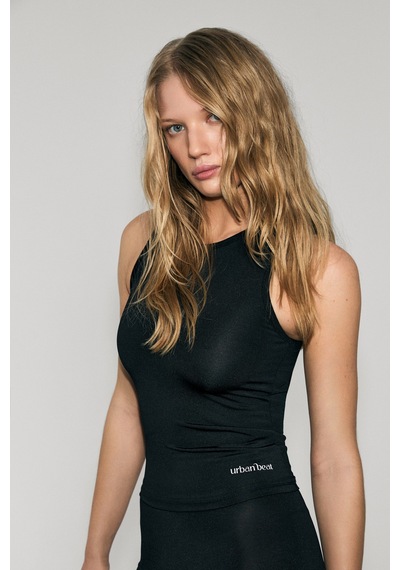 Grımelange Urban Beat Veloce Kadın Yuvarlak Yakalı Slim Fit Baskı Detaylı Sporcu Siyah Atlet Siyah