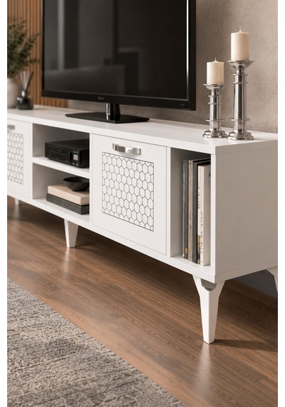 Sulorahome Gümüş Çizgili Beyaz Tv Sehpası 160 Cm Beyaz - Gümüş