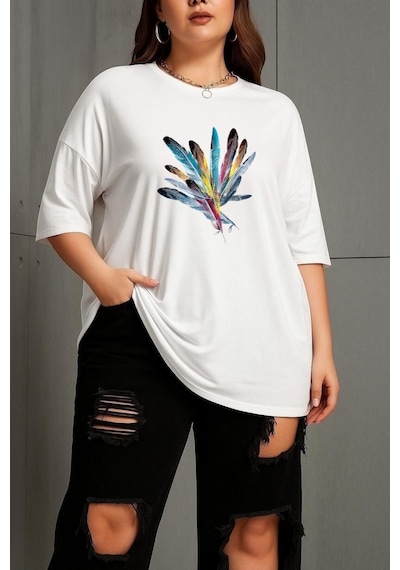 Benroma Büyük Beden Renkli Kuş Tüyü Baskılı Unisex Tişört Çok Renkli