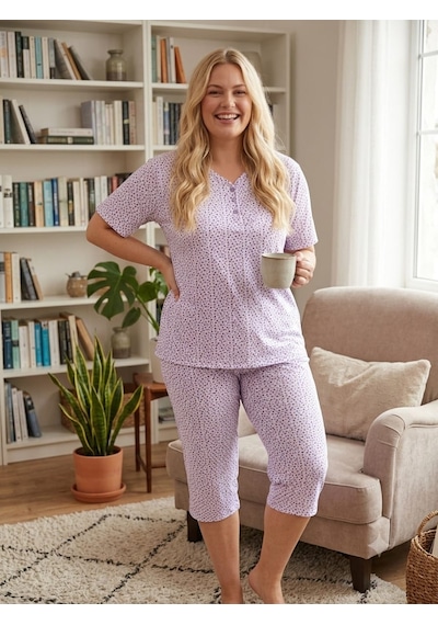 Büyük Beden Kısa Kol Kapri Pamuklu Likralı Pijama Takımı 8642 Lila