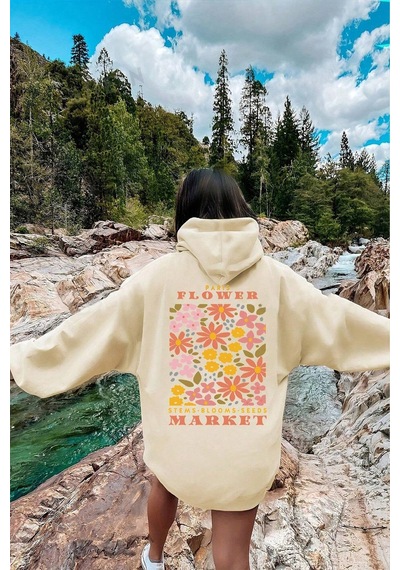 Flower Baskılı Oversize Sweatshirt Bej