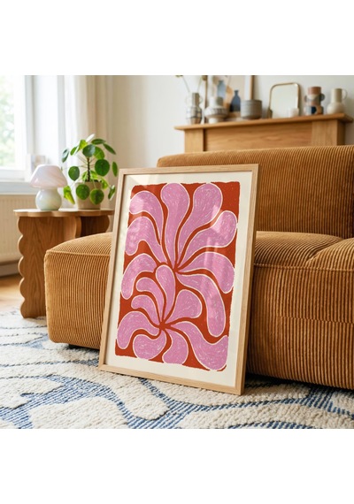 Pembe Paslı Girdap Baskılı Soyut Botanik Duvar Sanatı, Çiçek Yaprağı Desenli Poster, Turuncu Oturma Odası Dekorasyonu