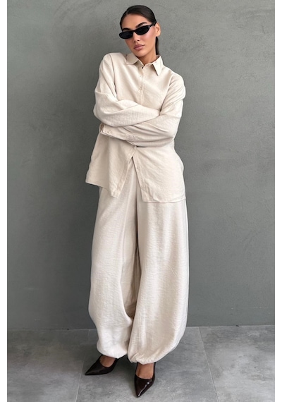 Madmext Bej Oversize Gömlek Balon Pantolon Kadın Takım Mg2779