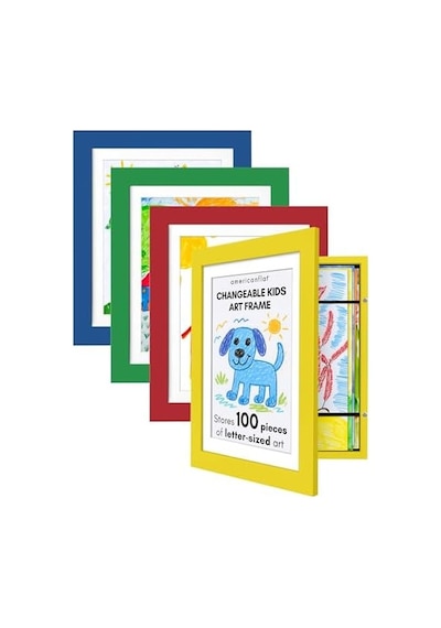 Kids Artwork Frame Changeable Multicolor - Magnetic Door Holds 100 Art Pieces - 8.5x11 Letter Size Display With Mat Or 10x12.5 Without Mat - My Mini Masterpiece Set Of 4 Açık Gri