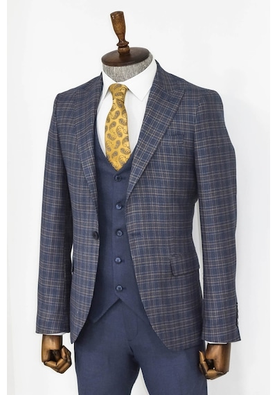 Ekose Ceketli Slim Fit Mavi Erkek Takım Elbise - Wessi Mavi