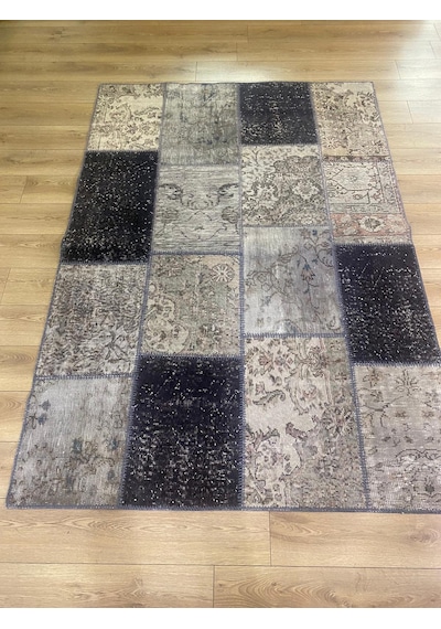 Çam Halı PW489 Gri Siyah El Dokuma Patchwork Yün Halı