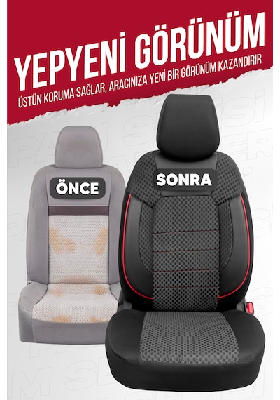 Peugeot Rifter Uyumlu Pamuklu Kumaş Araca Özel Oto Koltuk Kılıfı Tam Set Siyah-Kırmızı