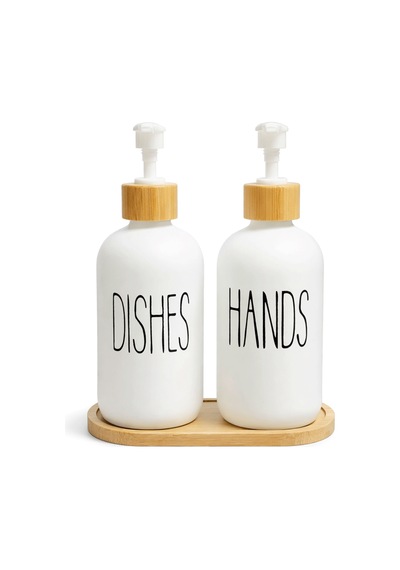 Bambu Stantlı Hands & Dishes 550 Ml Sıvı Sabunluk Seti, Mutfak Cam Sabunluk Beyaz