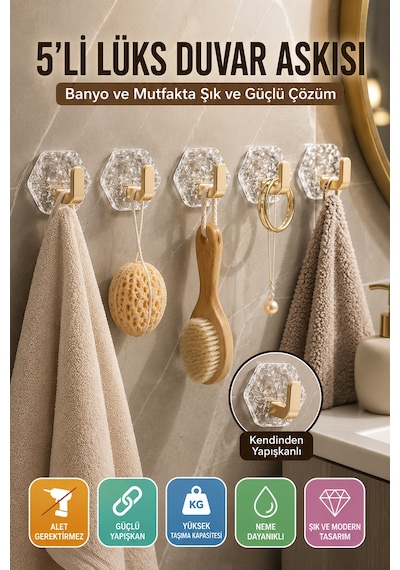 Gold Kendinden Yapışkanlı 5'li Duvar Askısı Banyo Mutfak Havlu Askılığı Buz Desen Dekoratif Seti Altın