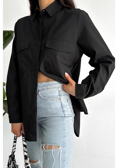 Femelle Kadın Siyah Yeni Sezon Çift Cepli Oversize Gömlek