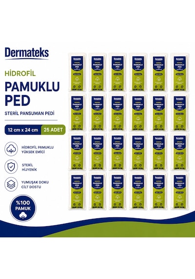 Dermateks Hidrofil Pamuklu Ped 12 24cm Steril Pansuman Pedi 25 Adet