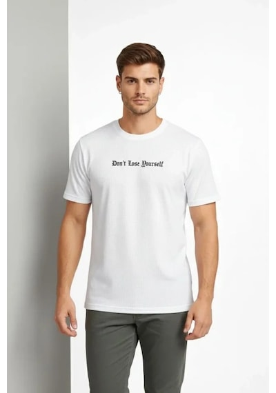 Valensdesign Erkek Wafıl Kumaş Tişört Regular Kalıp Bisiklet Yaka Baskılı Günlük Basic T-shirt - Beyaz