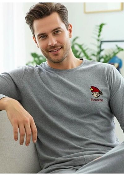 Siyah İnci Uzun Kollu Örme Erkek Pijama Takım 7795 Koyu Mavi Melanj
