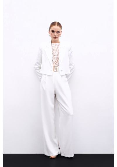 Sateen Bel Aksesuarlı Bol Paça Pantolon - Ekru-134595 Ekru