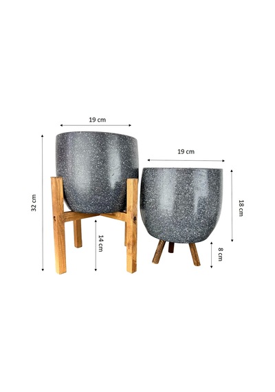 Bitki Tasarımı Ev Dekorasyon Aksesuar Gri Granit Toprak Saksı Saksılık Salon Çiçeklik İkili Set 3 Ayaklı- 4 Ayaklı- 19 CM