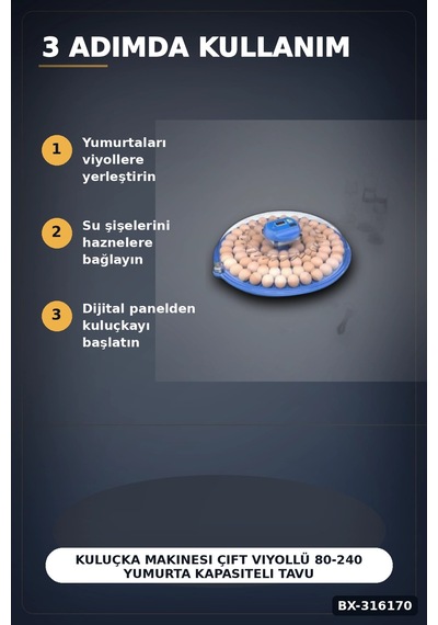 Kuluçka Makinesi Çift Viyollü 80-240 Yumurta Kapasiteli Tavuk Kaz Bıldırcın Bx-316170