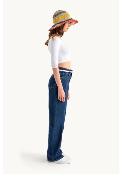 Hiccup Yüksek Bel Geniş Paçalı Kot Pantolon Koyu Mavi Denim