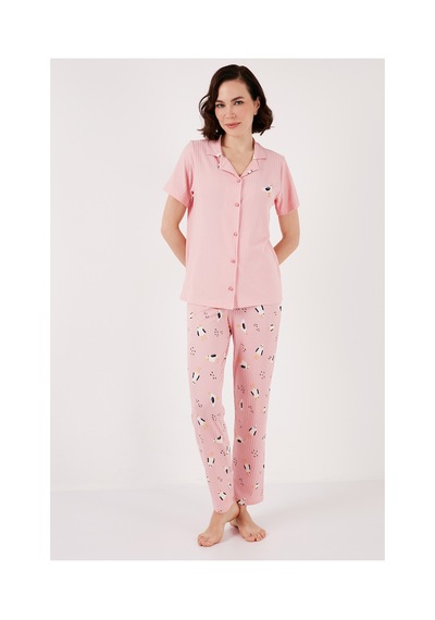 Lela Regular Fit Gömlek Yaka Kısa Kollu Bayan Pijama Takımı 65740102 Pembe