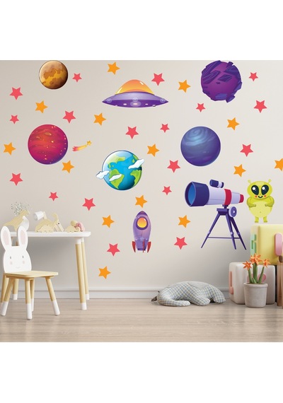 Gezegenler Teleskop Ve Yıldız Temalı Sticker Duvar Seti