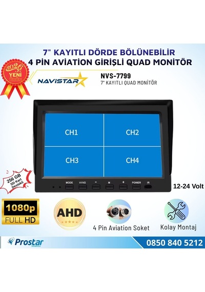 7 İnç Dörde Bölünebilir Kayıtlı Quad Monitör 4 Pin Aviation Girişli Ahd 1080p/720p/cvbs Analog Pal Ntsc 256gb Sd Kart Destekli